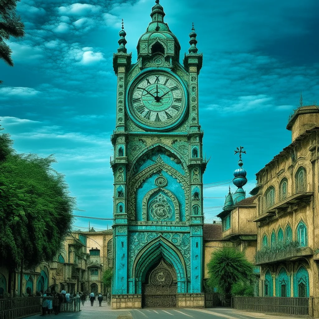 A greenish blue city with a clock tower designed in Mehndi design painted by Alfred Sisley