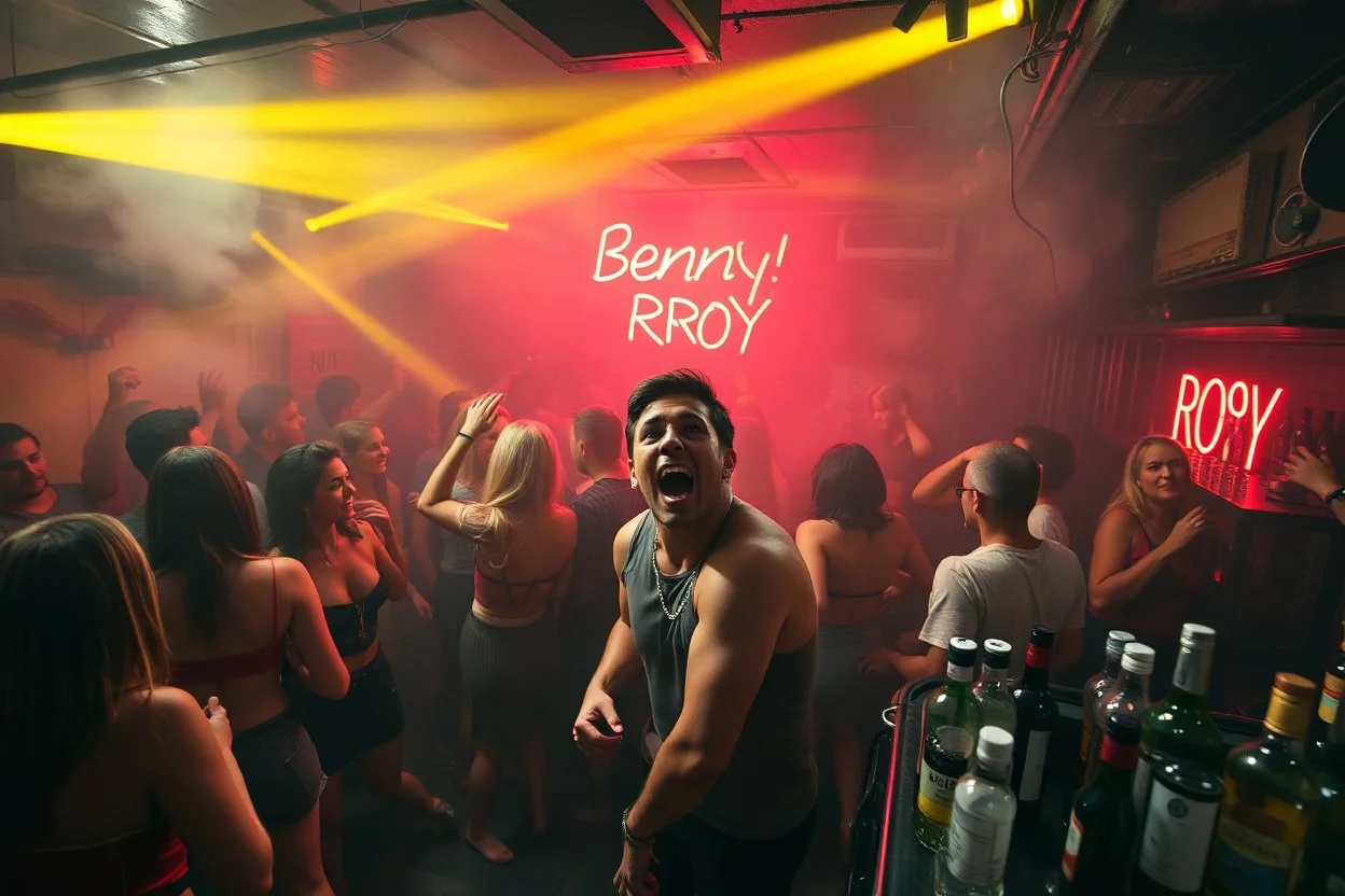 dans golv på en nedsliten sunkig techno club, många personer som dansar, yppiga kvinnor, mycket scen rök i lokalen, och gula röda strobes, en del personer ser in i kameran och skriker: "Benny!" och en Neon Skylt med texten "DJ ROY" på väggen, DJ Roy skriker rätt in i kameran, öppen mun, mycket flaskor och glas i baren