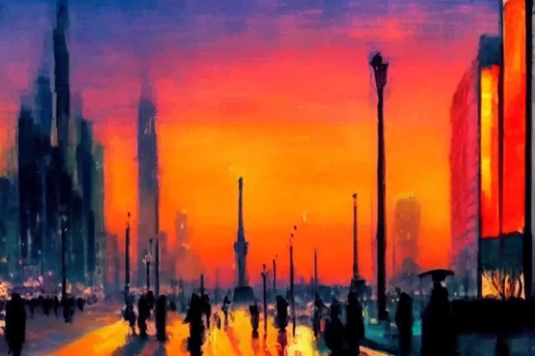 Sunset, city, distant city, city lights, street lights, people, street, shadows reflections, lesser ury and otto pippel impressionism paintings