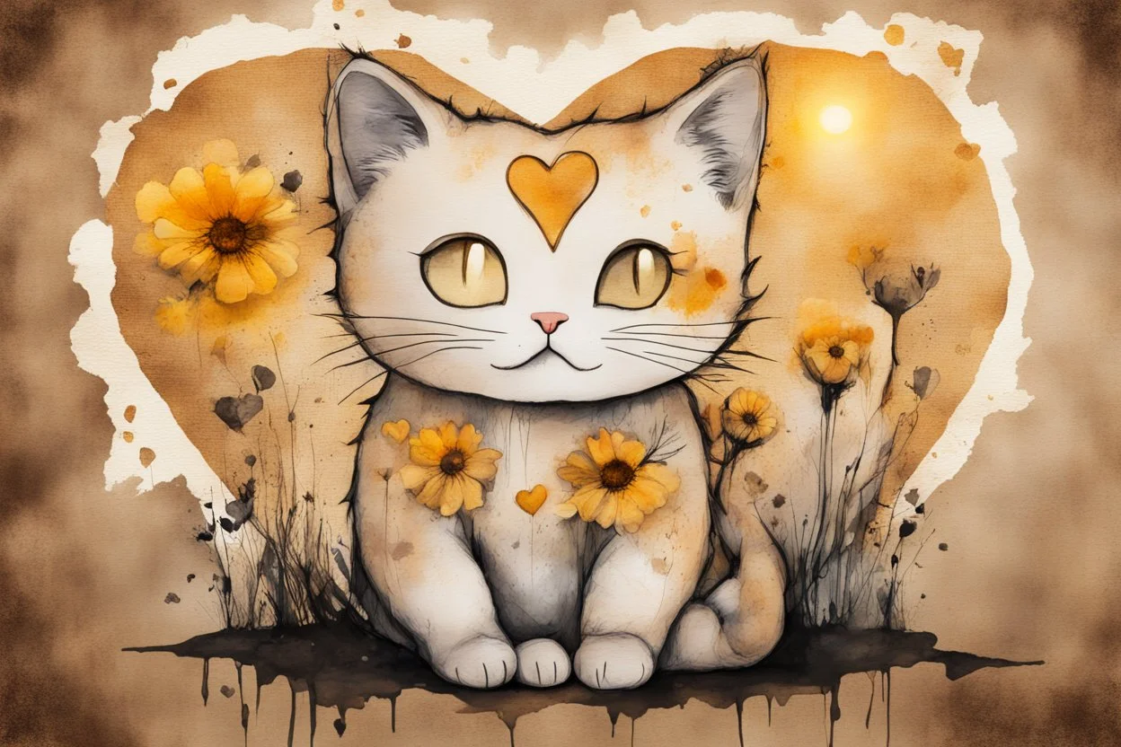 good night picture in ochre, double exposure, merged layers, burned burlap, cute chibi anime cat, beautiful surrealistic composition, melting watercolor and black ink on wet paper in sunshine, flowers, heart and love, ethereal, cinematic postprocessing