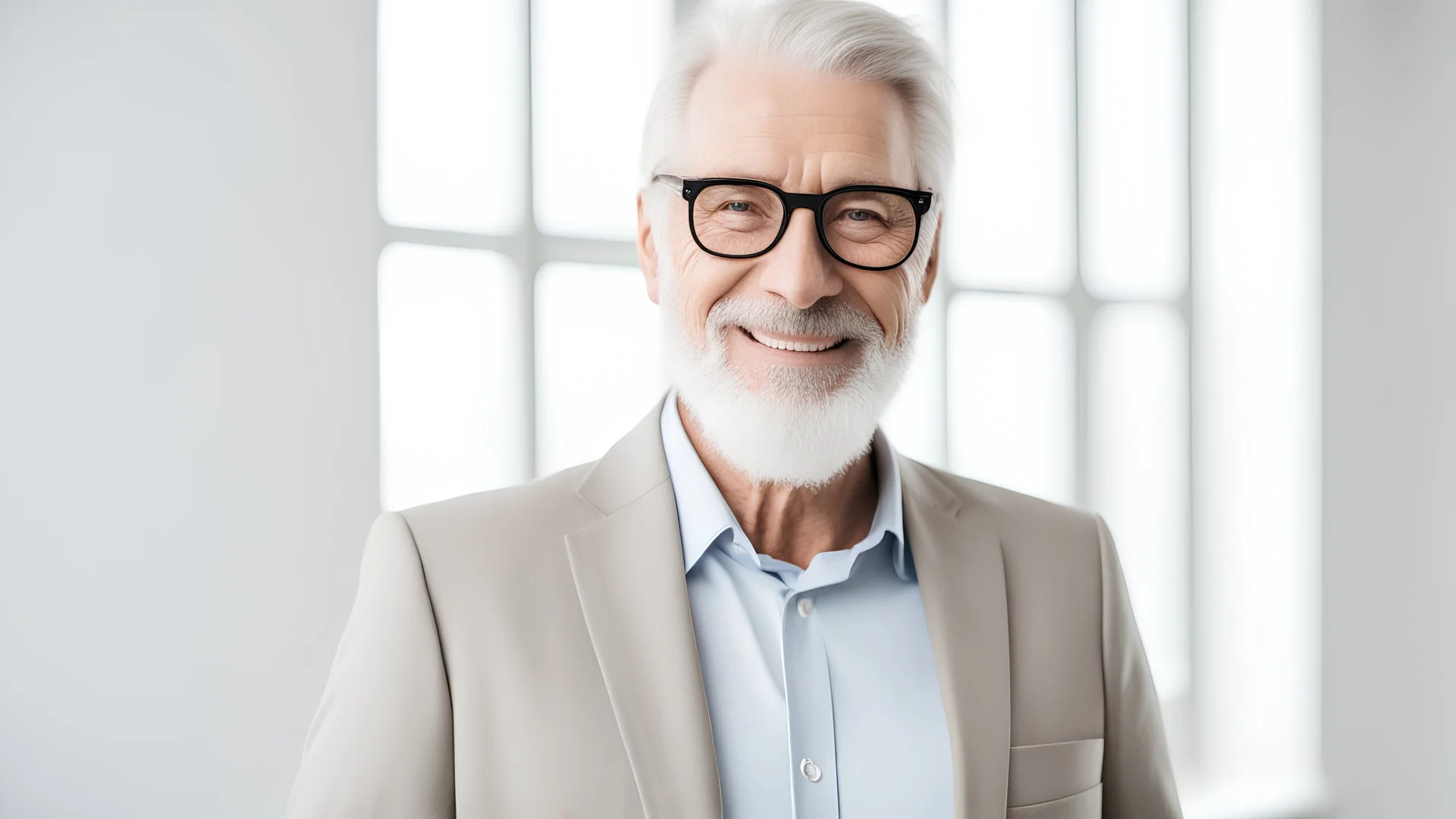 Happy mature older bearded business man leader executive, smiling middle aged old senior confident professional businessman teacher wearing suit standing isolated on white wall, headshot portrait.