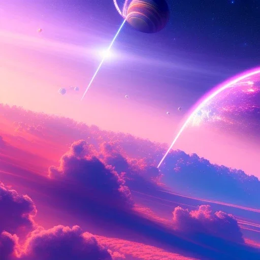 very beautiful bright spaceship , elegant, clouds, planets, galactic atmosphere, atmospheric, realistic, cinematic lighting, pink blue light, 8k,