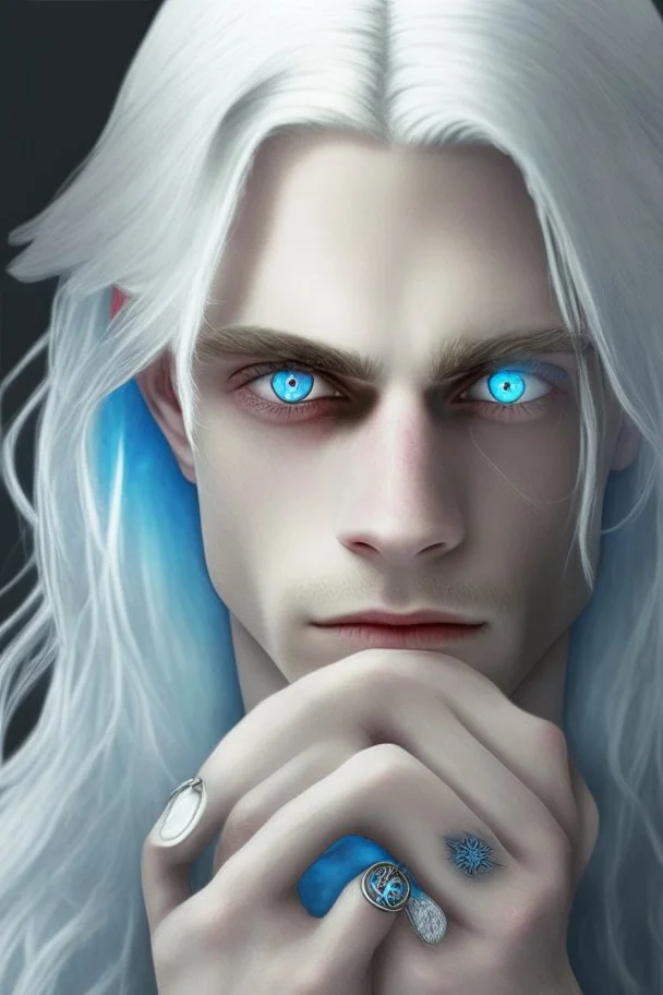 Realistic young man, long white hair covering one eye, blue eye, has rings on his hand, pale skin, slim bit fit