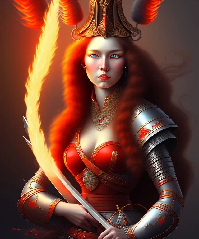 portrait lady red archer warrior with big bobs long black hairs with fenix flames