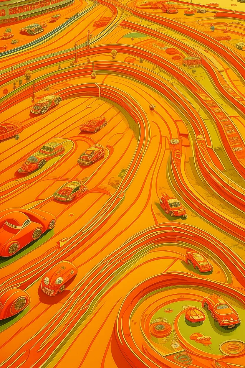 A golden orange colored race course with fast cars designed in German folk art painted by Lucas van Leyden
