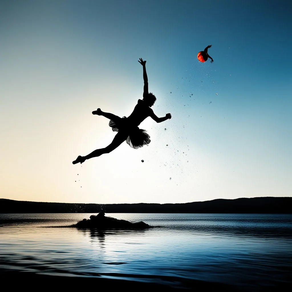 this photo Explores how brightness contrasts with shadow [psychedelic high res photo by Ralph Steadman] Light Against the Dark on a levitating acrobat over a large area of translucid water