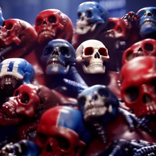 a picture of a dark, comedic, anatomically correct wall of red white and blue tightly packed stacked cyborg skulls of varying sizes and expressions, photo realistic, insanely meticulous, highly detailed, part of a collection of bones on display, 64k, dystopian, vray