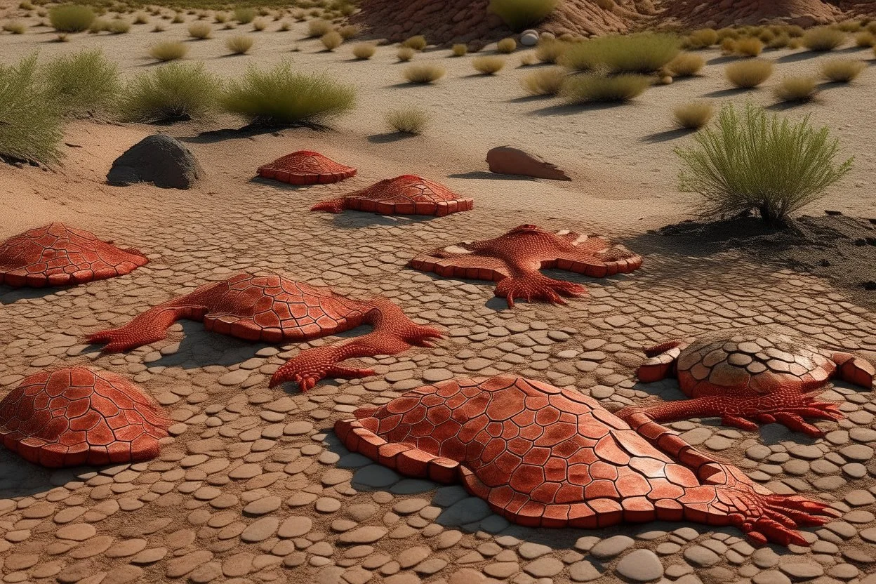 A dark red desert with reptiles designed in Ica stones