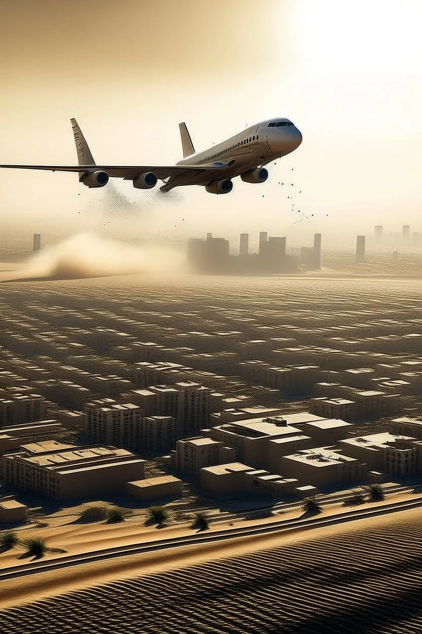 make a plane flying over a city throwing some sahara dust