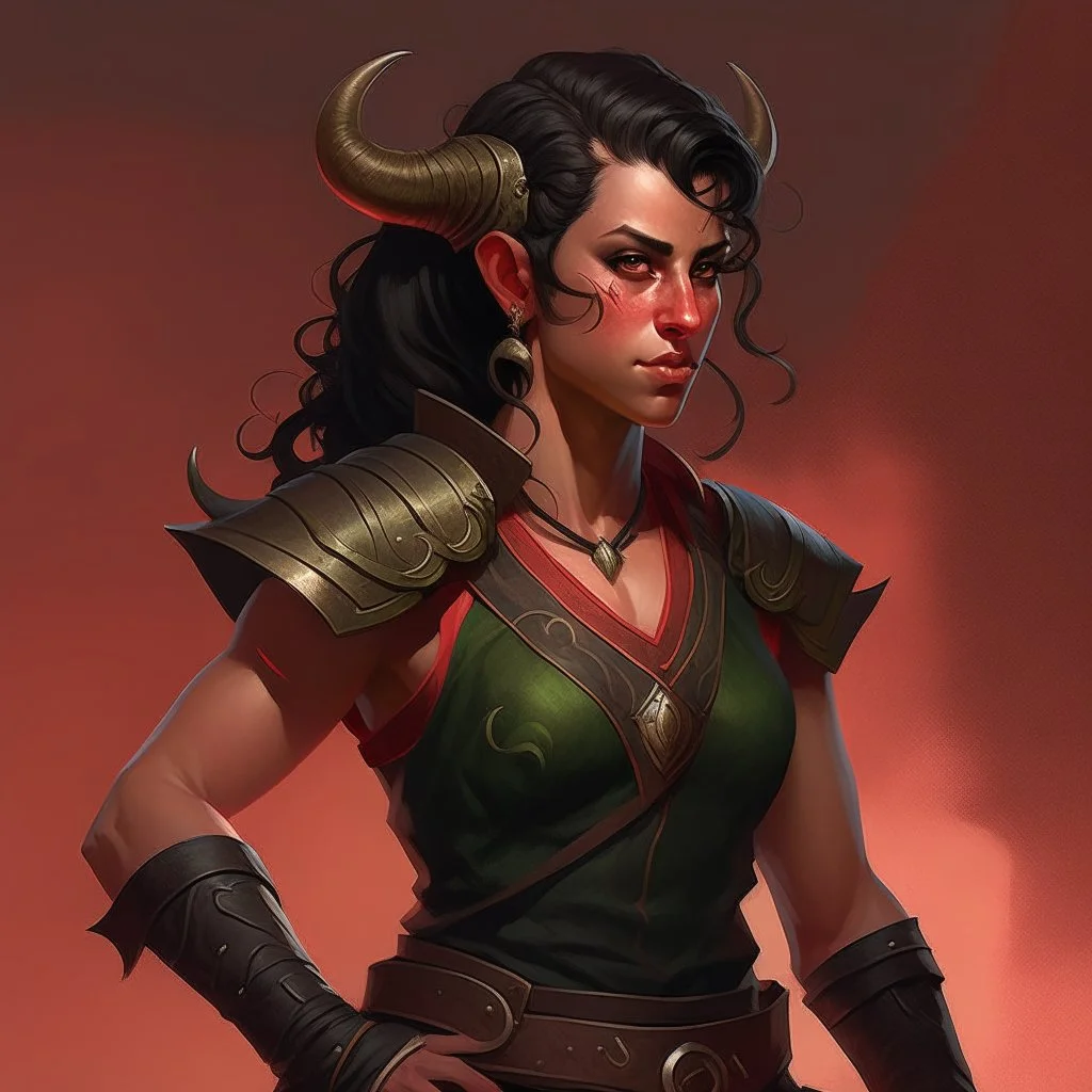 a beautiful dark haired tiefling woman in a sleeveless battle outfit,