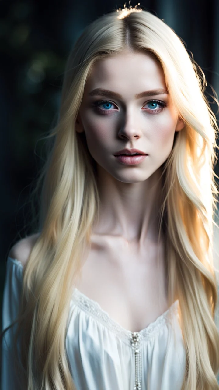 portrait of an 18 year old pretty female with pale skin. Her long blonde hair hangs loose on her shoulders. Shes wearing a simple white dress. Her eyes are different colours. Dark fantasy. Hyperrealistic