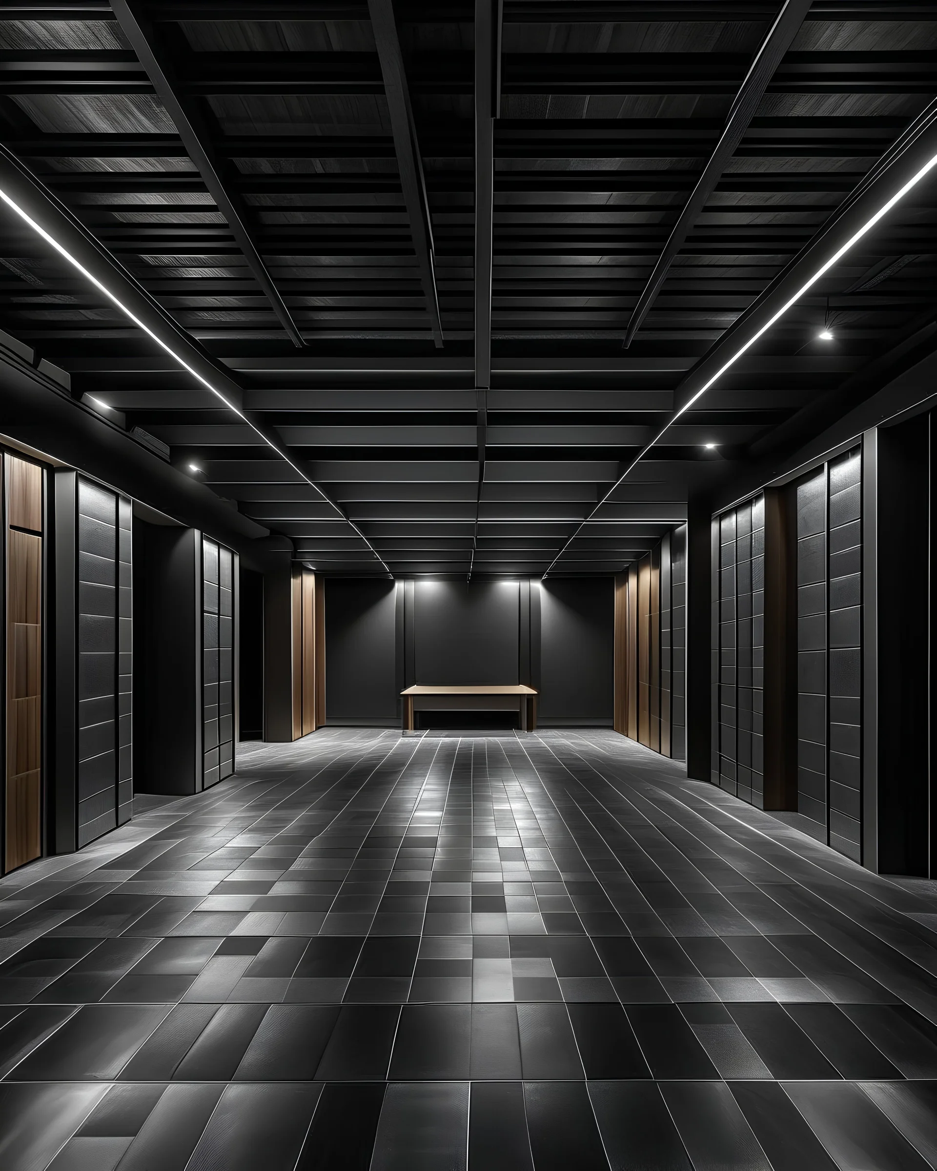 Una sala de paredes negras y suelo de linóleum gris claro y brillante. El techo tiene vigas de madera de donde cuelgan focos de teatro que iluminan la sala con luz cálida. La sala está vacía e inundada solo hay 42 sillas negras en el centro de cara al espectador.