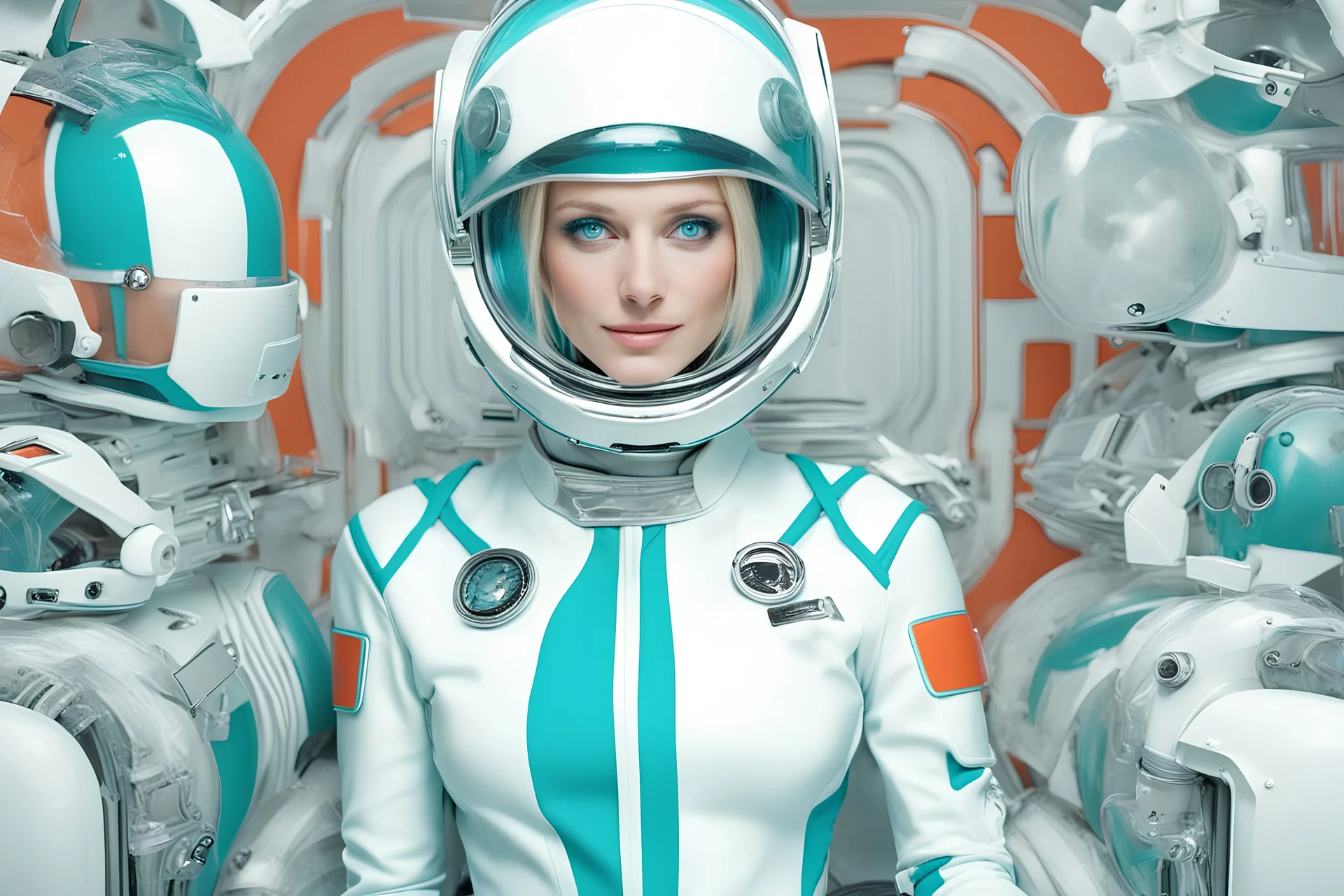 woman from space, blonde, blue eyes, top model, turquoise and white suit cybord, helmet turquoise and white, beautiful smiling