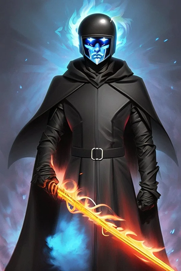 A commander with a matte black combat helmet and eyes with bright blue flaming pupils, a black cape and a long coat with long combat boots and a long, sharp and fiery spear and with his helmet under his cape and two blue flames instead of eyes