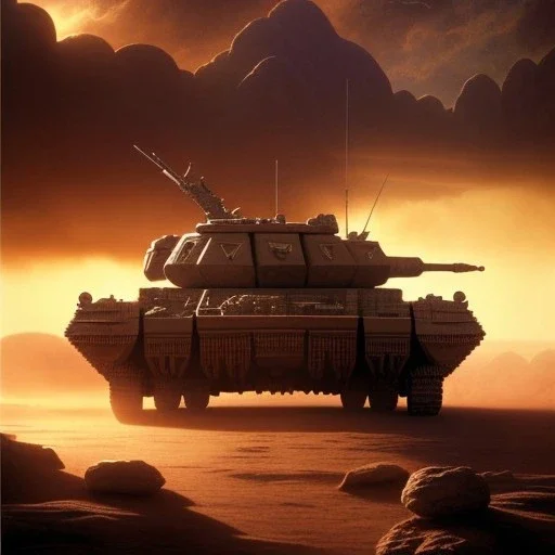 volumetric dramatic desert Battle scene with futuristic hovering military armored Hovercraft tank painted by chris foss, floating, 4k, 8k, Minutiae, highly detailed, rivets, oennant, hovering, stripes, sunset [duststorm, nimbus clouds]