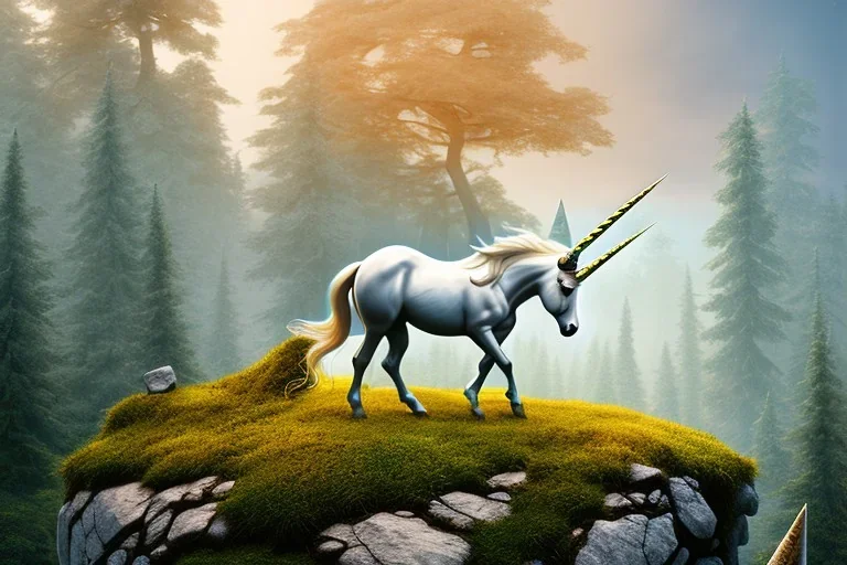 unicorn stand on a rock, forest, 8k resolution, high-quality, fine-detail, intricate, fantasy art, detailed matte, volumetric lighting, illustration, 3D