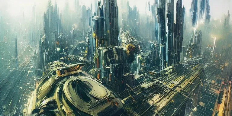 Art by John Berkey and John Harris, lush Cenral Park in the middle of high rise buildings, futuristic city, trending on Artstation, bird's eye view, extremely hyperdetailed, epic composition, cinematic lightning + masterpiece, sharp focus, epic composition