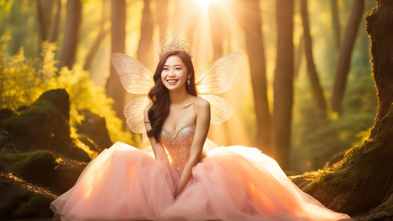 A gorgeous smiling Asian model in a fairy outfit in a magic forest with 1000 y/o trees, a small torrent, sun rays through the branches, particles in the air at dawn