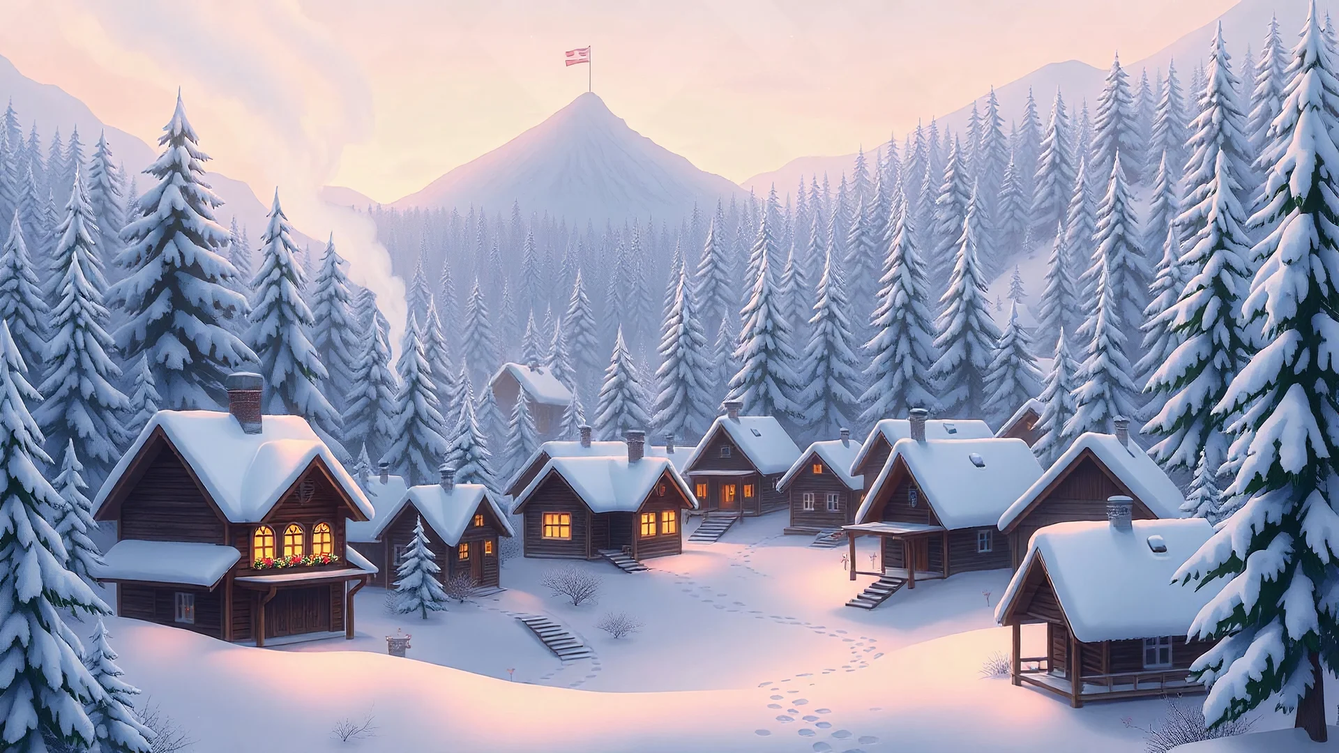 anime-style snowy mountain village, small wooden cottages covered in snow, smoke rising from chimneys, dense forest with snow-laden pine trees, warm light glowing from windows, footprints in the snow, cozy holiday vibe, soft pastel colors, serene and peaceful atmosphere, high detail