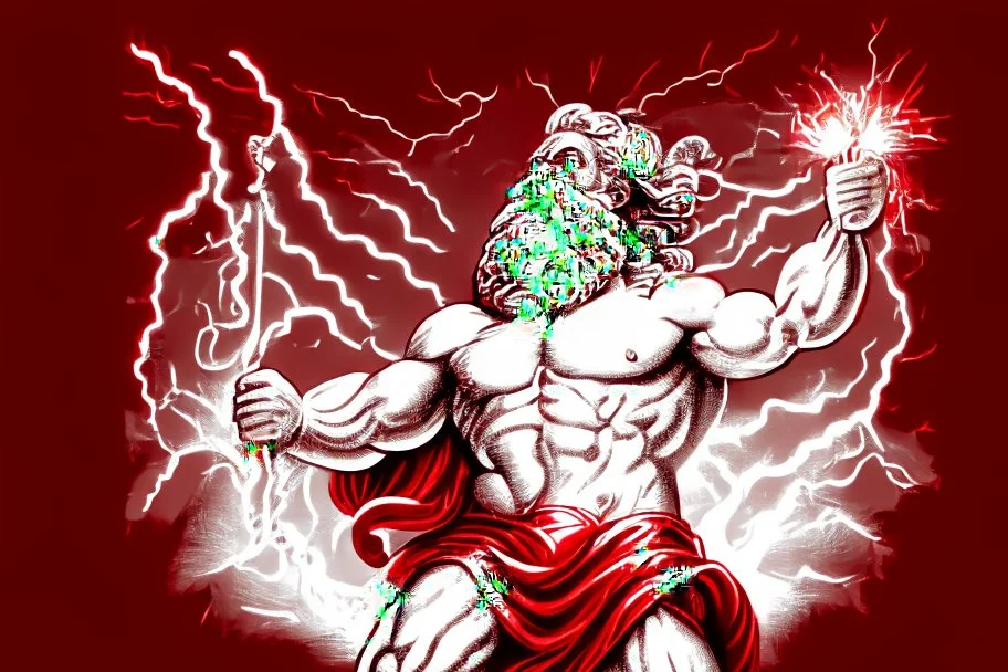 Detailed and realistic illustration of Greek god Zeus holding holding lightning. Vintage style illustration. Red and white lightning. Ultra high resolution.