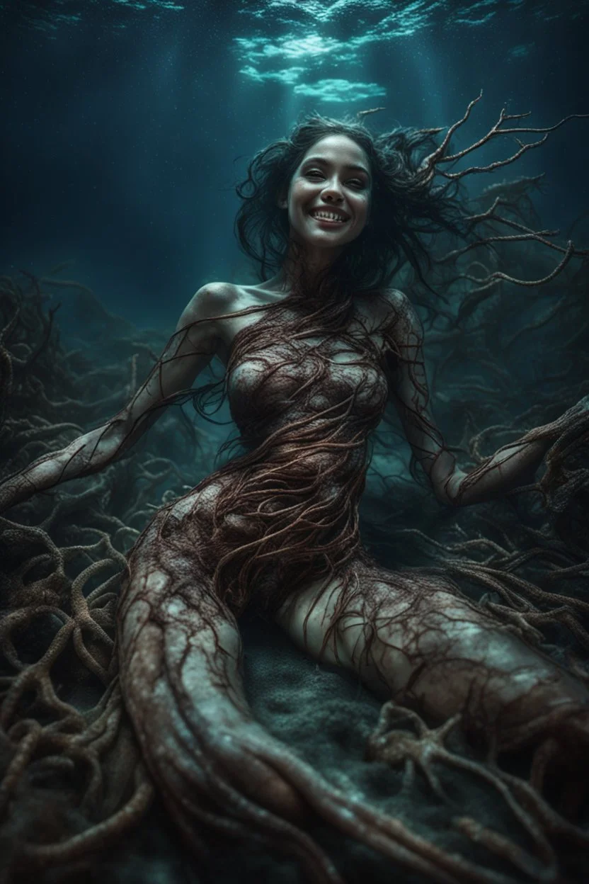 Underwater, girl, fullbody, darkbrown tones, lying pose, his skin turned translucent revealing a network of black veins that extended like roots beneath her epidermis, smiling meanwhile many worms streaming from his body, ragged clothes,night, high lighting, intricate, 8k, macro photography,