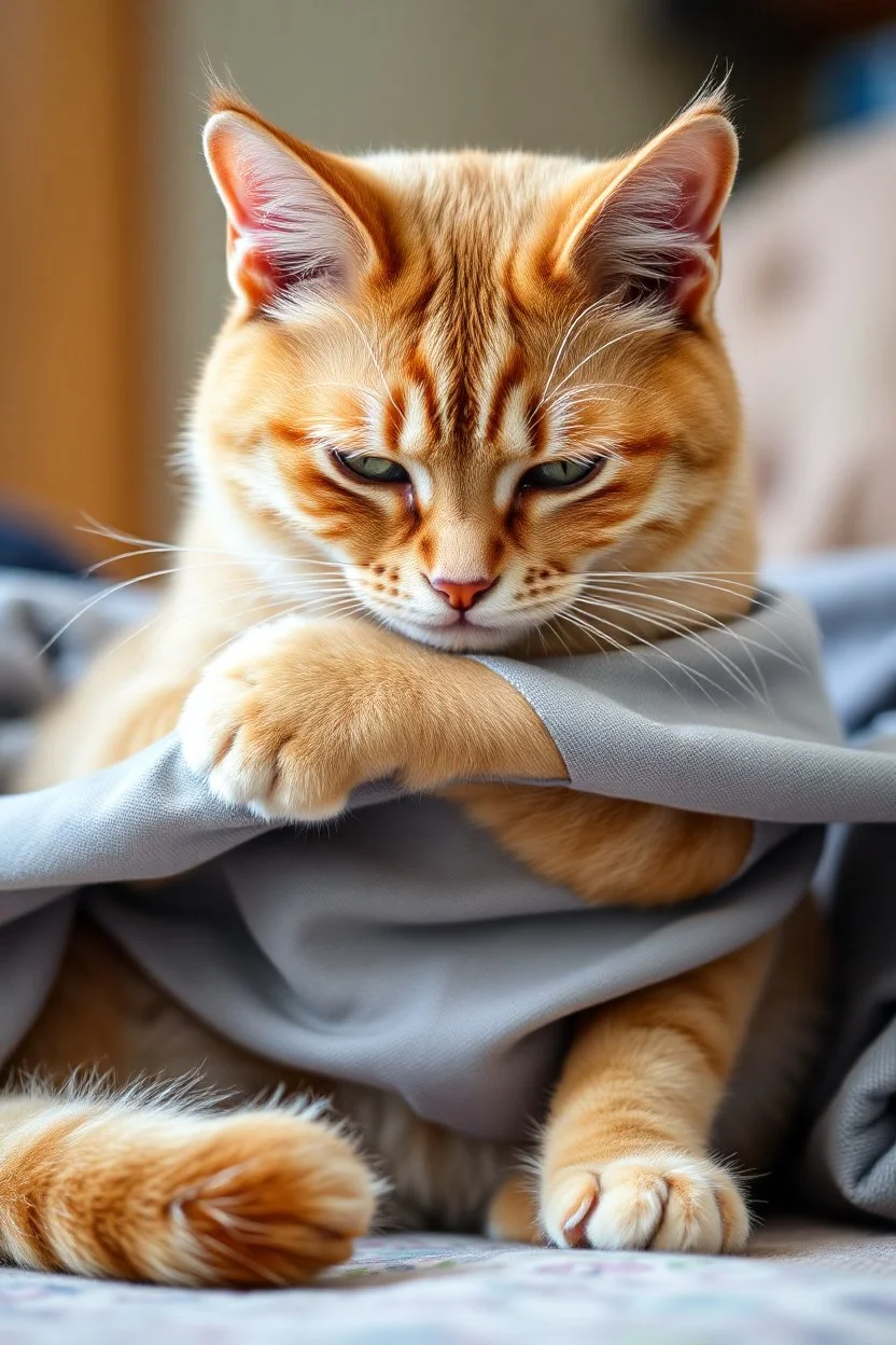 Sad cat hugging a piece of cloth