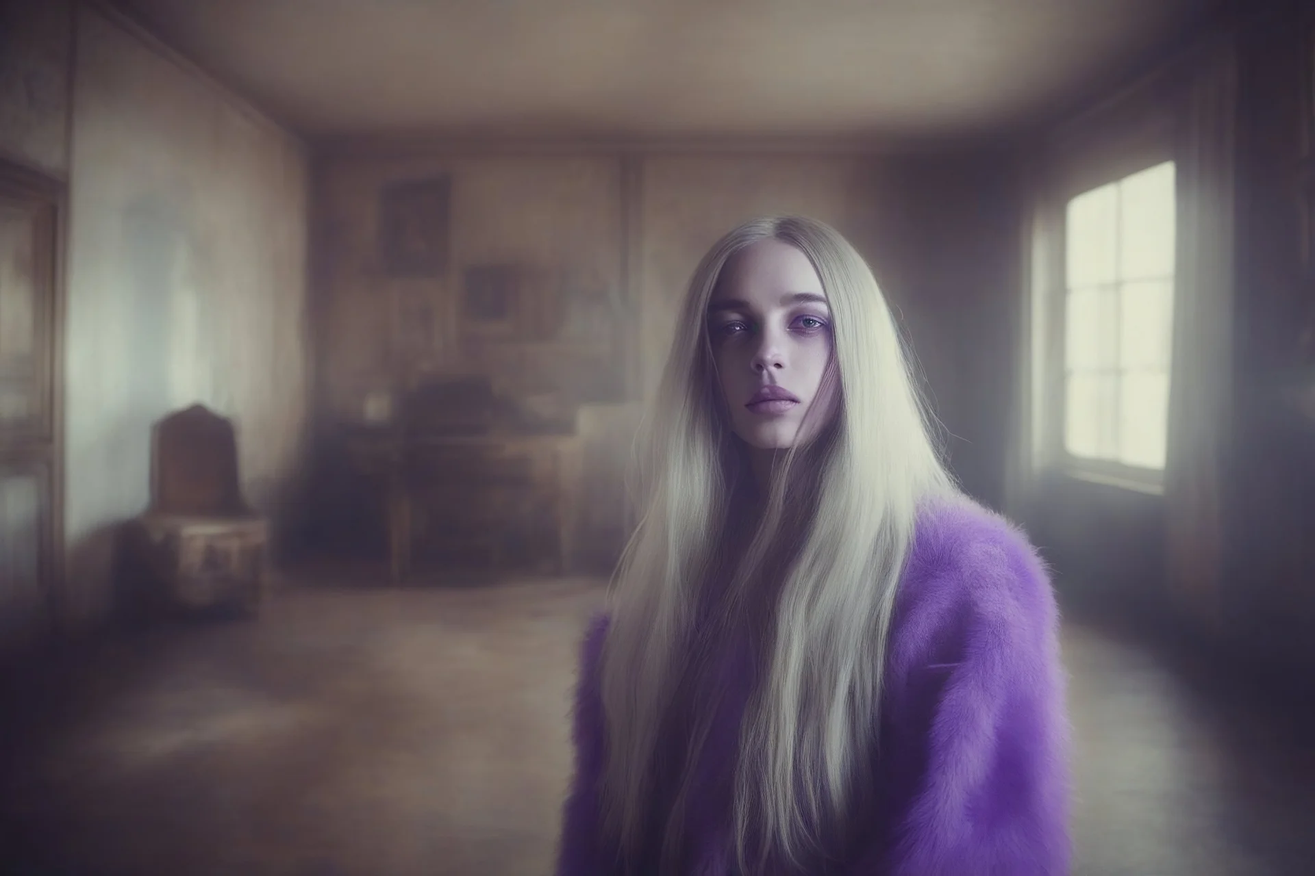 singer billie eilish without a face, , hippie girl, purple fur, in a liminal empty room, old autochrome