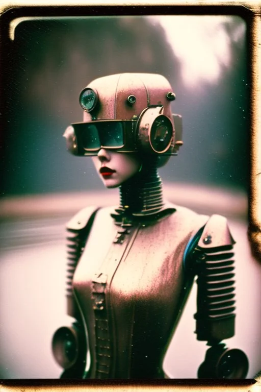 steampunk, vintage analog polaroid of a woman robot, female body, fog, lomography, heavy film grain, rain, color bleed, depth of field, bokeh, retro