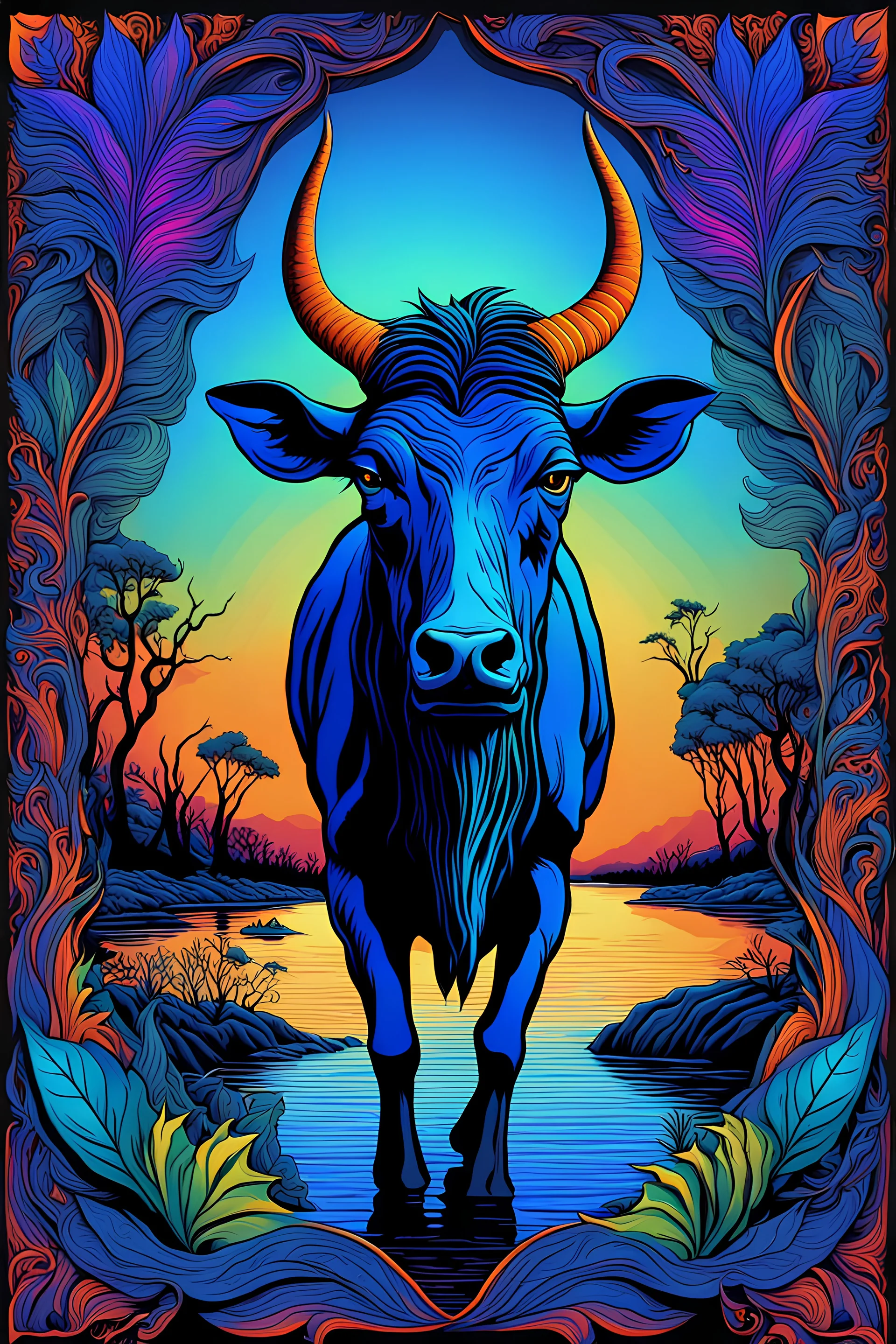 a blue wildebeest, 3D embossed textured ethereal image; midnight hues, extreme colors, a blue wildebeest by a river; trippin', psychedelic, groovy, art nouveau; indica, sativa, leaves, gig poster art, macabre, eldritch, bizarre, extreme neon colors, mixed media, velvet, blacklight, uv