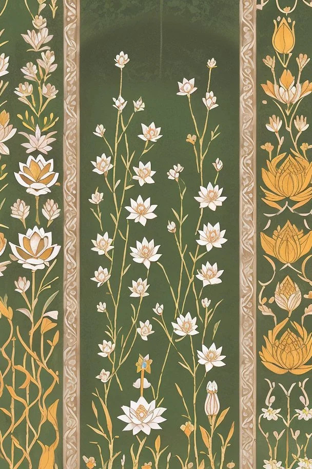 Channel the beauty of the Mughal Gardens with detailed hand-painted representations of traditional Indian flowers like lotus, marigold, and jasmine. Incorporate intricate geometric patterns and water features.