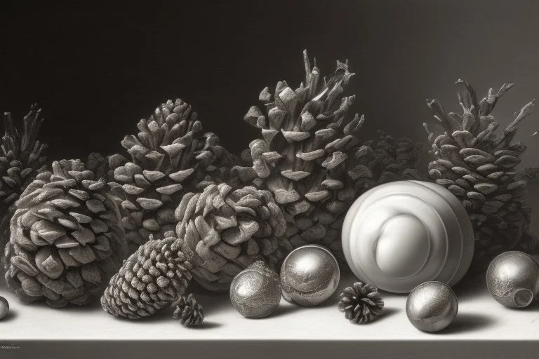 a realistic still life graphite drawing of pine cones in the classical style of Pieter Claesz, Jan Jansz. van de Velde and Anthonie Leemans