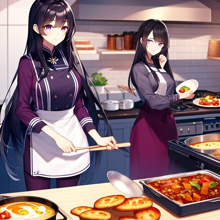 girl, masterpiece, best quality, volumetric lighting, detailed outfit, perfect eyes, long hair, black hair, purple eyes, cooking, food, indoors,