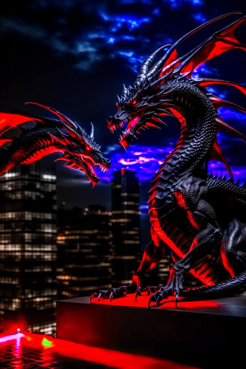 black dragon and red dragon facing each other on top of a high rise building at night