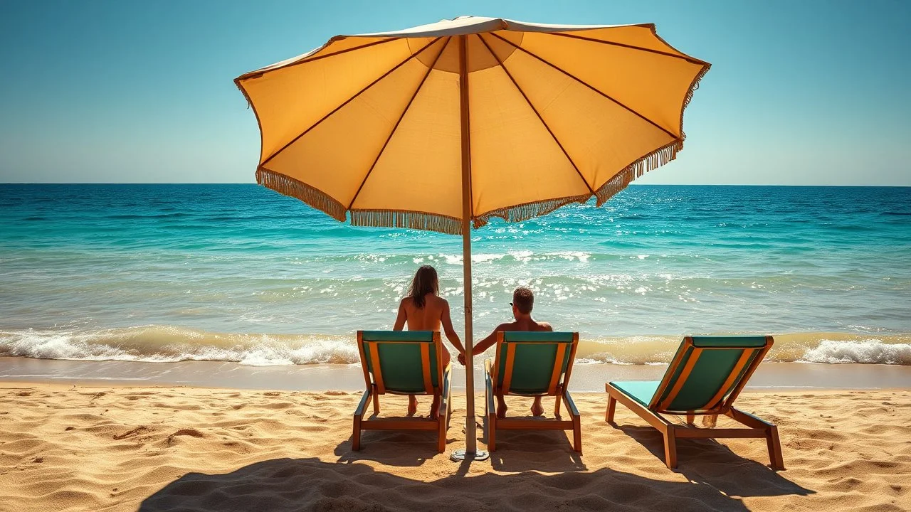Mediterranean beach, sun lounger facing the sea, two human body hidden under big beach umbrella shade, couple hold hands, strong shadow geometry, sharp light and shadow contrast, turquoise sea, golden sand, sparkling water reflections, vibrant summer colors, crisp shadow edges, photorealistic, travel photography, HDR, cinematic lighting, ultra detailed, 8k, shallow depth of field --ar 16:9