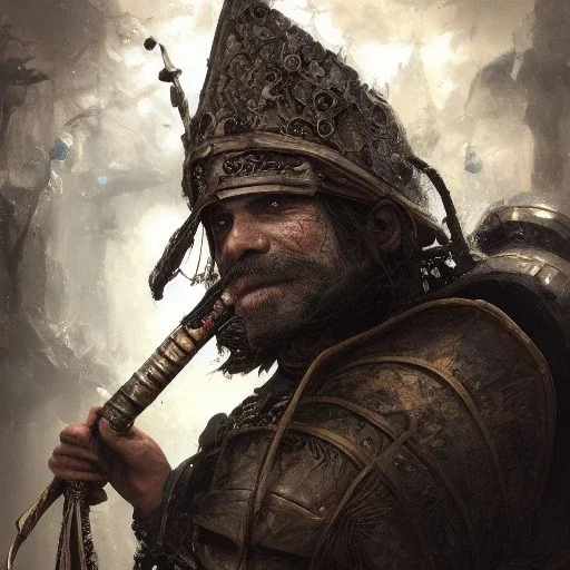 Insanely detailed photograph of an “portrait of a D&D Echo knight ” with worn Sombrero, handsome charo, mustachioed clear face and hyperdetailed painting by Ismail Inceoglu Huang Guangjian and Dan Witz CGSociety ZBrush Central fantasy art album cover art,8K, hdr, romantic, mysterious, ominous, cigar smoke, jewelry, comfort, natural eyes,naked,tasteful