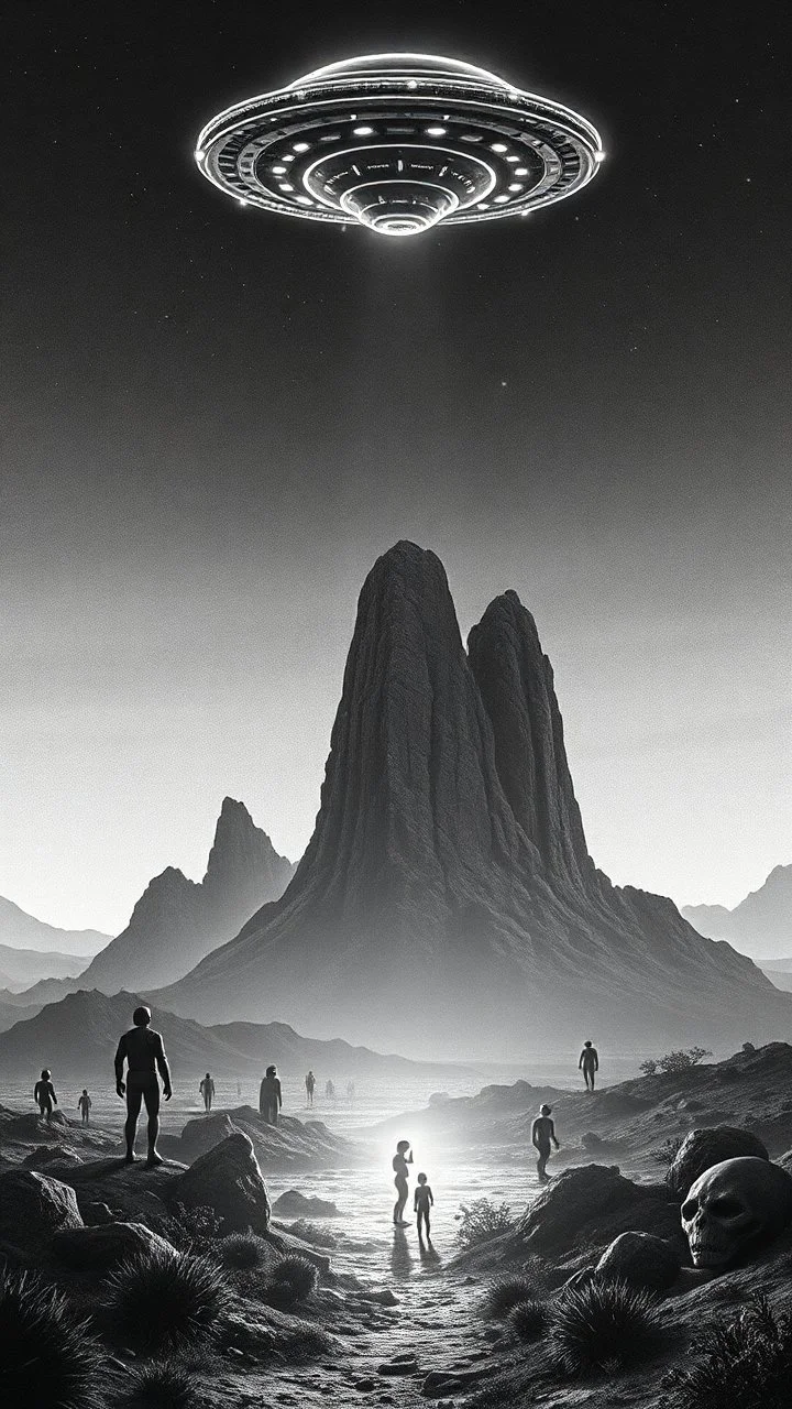 A land filled with aliens in a bright light at the end of the picture a ufo object , cinematic, 8k, in black and white, fine line draw