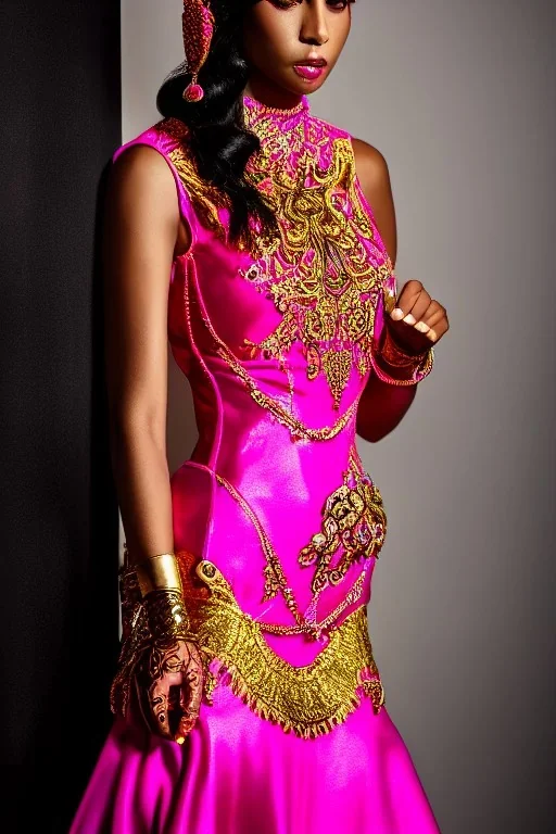 Portrait cyberpunk bride in skin-tight ornate neon pink dress with gold filigree, full body shot, full-color long shot