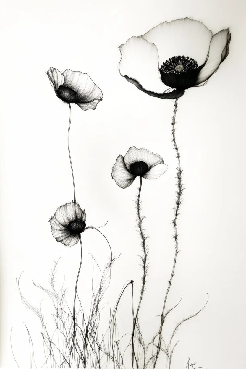 Minimalist ink pencil and charcoal drawing of poppies