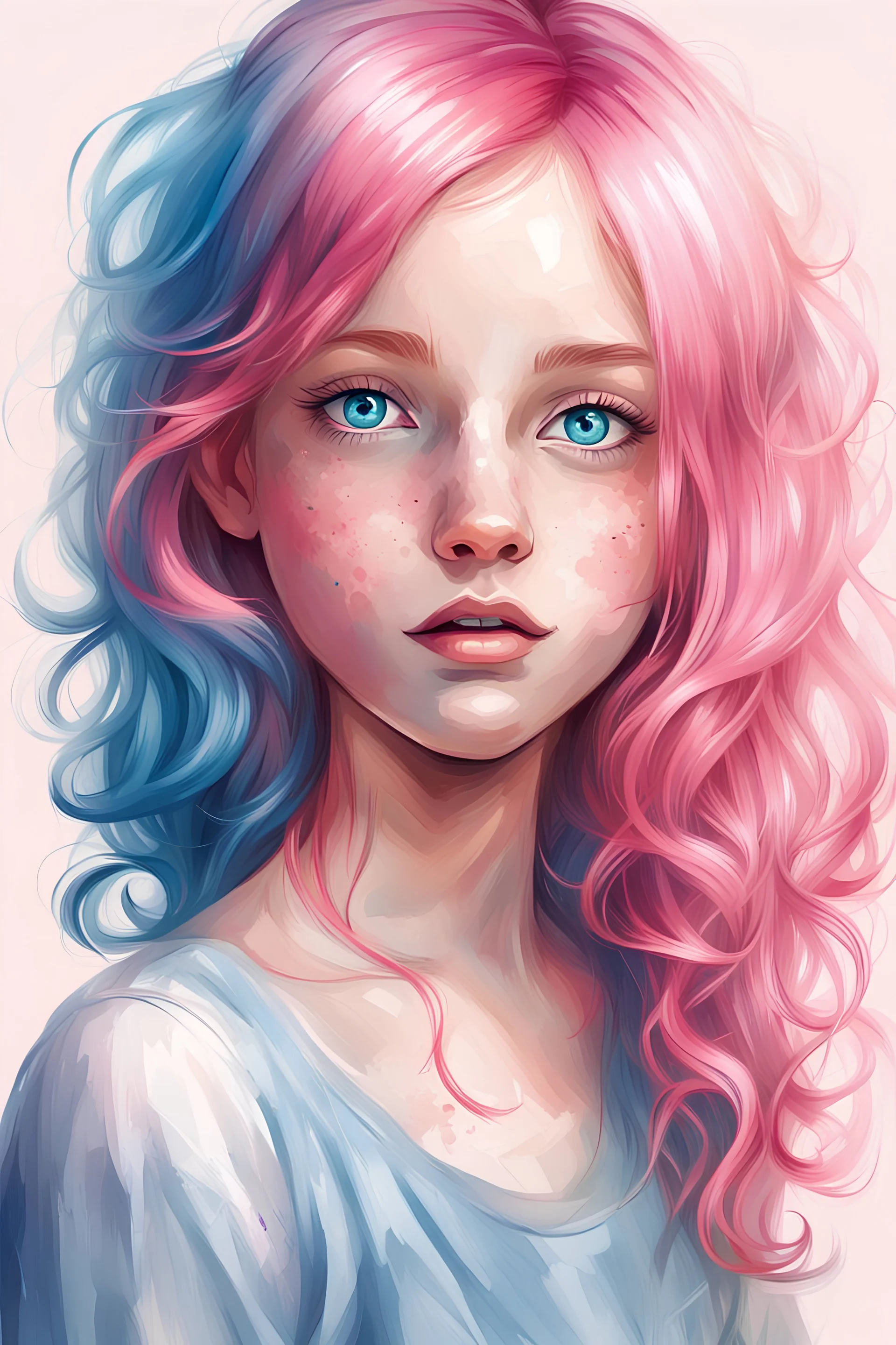 illustration young girl with pink hair and blue eyes
