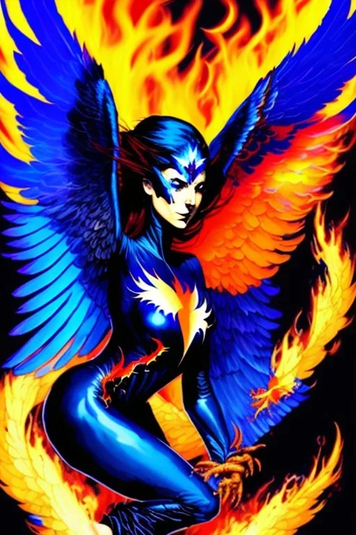 dark, blue phoenix, flaming wings, beautiful, smooth, flying, graceful