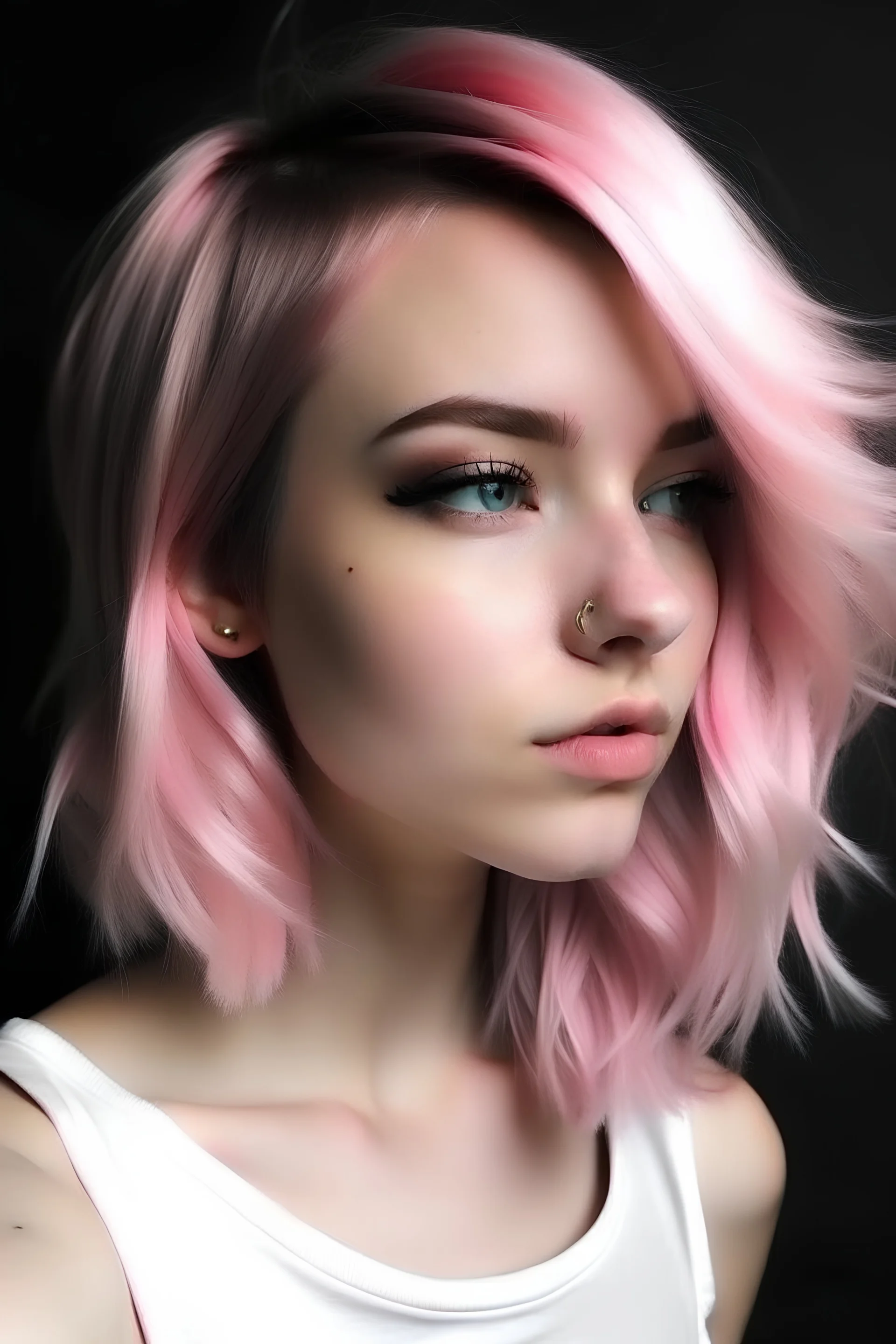 Imagen de chica con mechones de pelo rosado, delgada ,morena llegando a blanca y con maquillaje simple