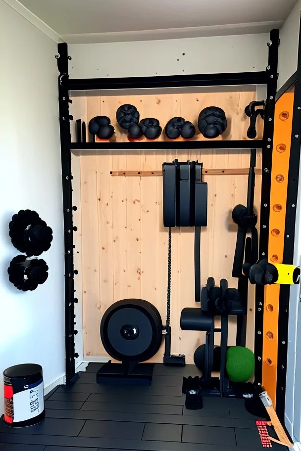 Home gym, wall with a kabinet with weights and small gym equipment. The other side a plyo box and wall balls. In between the plyo box and kabinet a folded weightlifting bench.