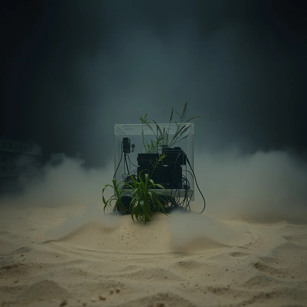 A photo of a closed environment in a dark closed space. In the background there is a bulding. At the center, a structure made of plastic. Some electronical devices. Plants, clouds. The surface below appears to be sandy, with small accumulations of sand. Fog, powder. Hypermaximalist, ornate, molecular. In the background, other forms or structures are visible, some of which are thin and transparent. The photo was taken with a Hasselblad H6D 400c camera.