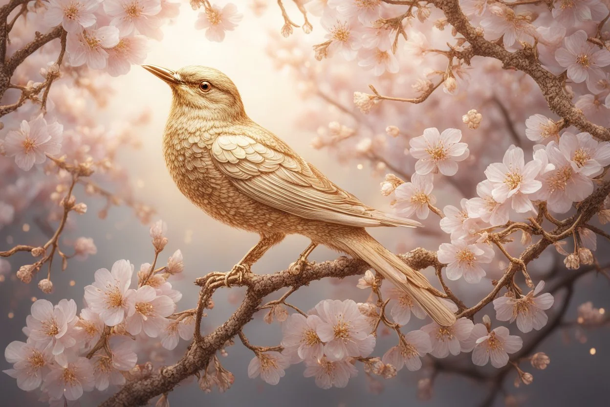 An image of a crystal bird covered in gold etching and diamonds, perched on a branch of cherry blossoms. The scene is illuminated by a soft, ethereal light, enhancing the intricate details and textures of the bird and the surroundings. The art style is detailed, realistic, and captures the magical essence of the scene, trending on ArtStation. The composition combines elements of classical elegance and modern fantasy, reminiscent of the masterful works elegant fantasy intricate high