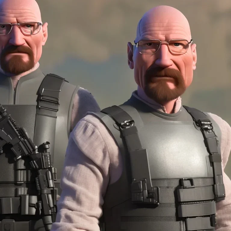 Walter White cyborg, 8k, tactical vest, helmet, gun.