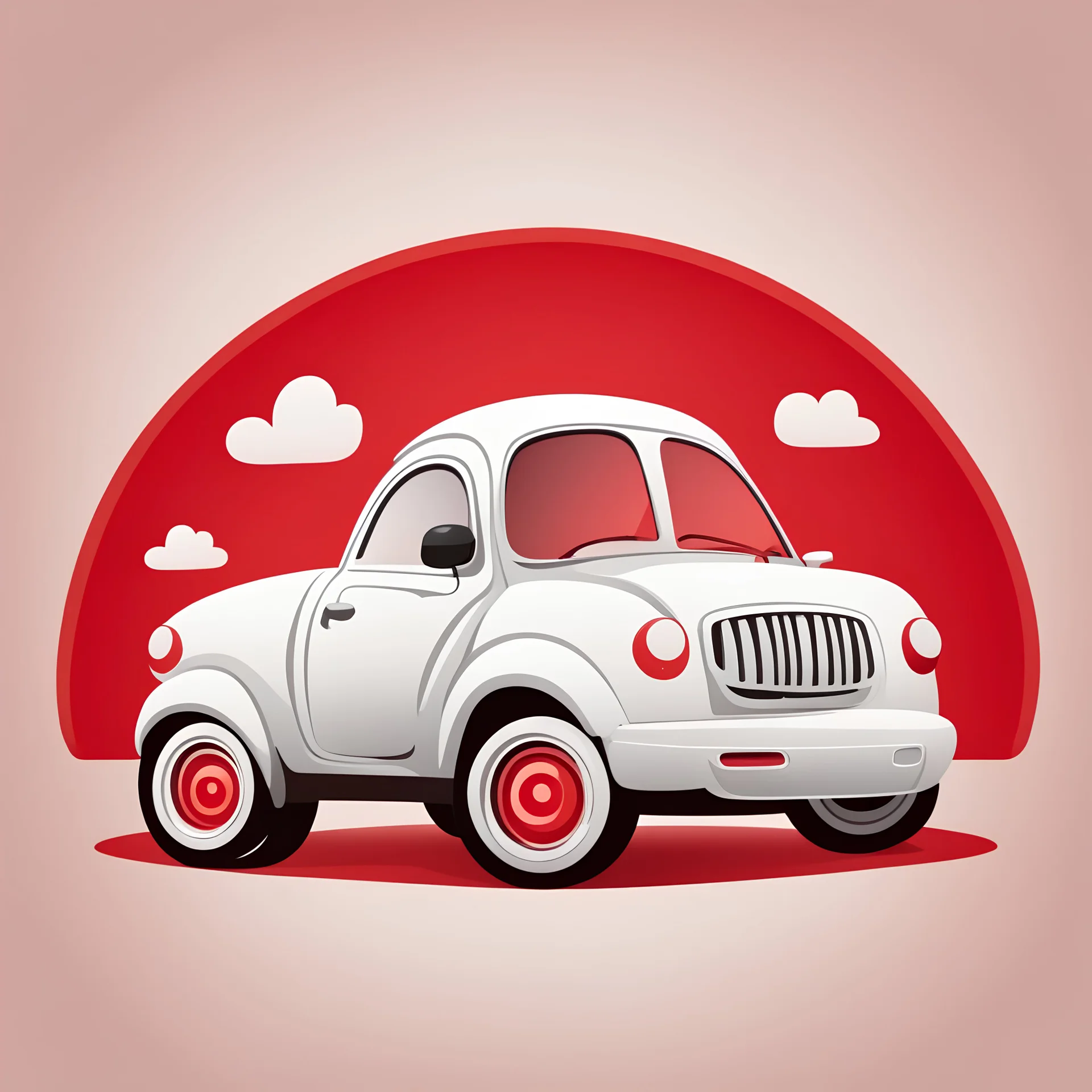Image of a smiling white children's car appearing as a logo with a red background style cartoon