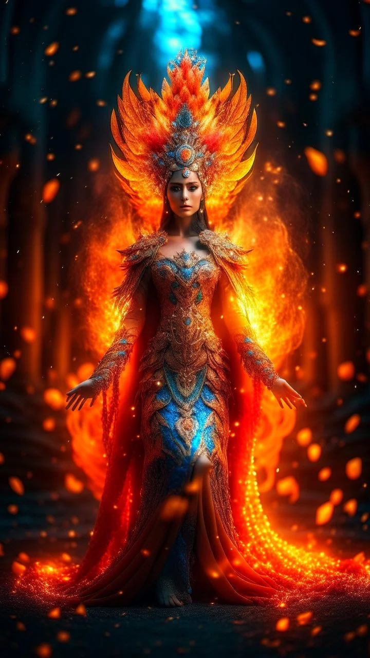 Full body wide-angle RAW photo, the fire queen wearing very luxurious and jewel-embellished clothes, fully covered, holding a fire shawl, opals and flower decorations, fractal wing texture, coming out of a burst of fire, winter scenery in the background, beautiful woman's face indonesia, high detail skin, phoenix, fire, 8k uhd, dslr, soft lighting, high quality, film grain