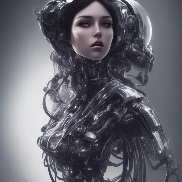 wonderfull portrait only woman half face robot, long black hair, intricate, sci-fi, cyberpunk, future