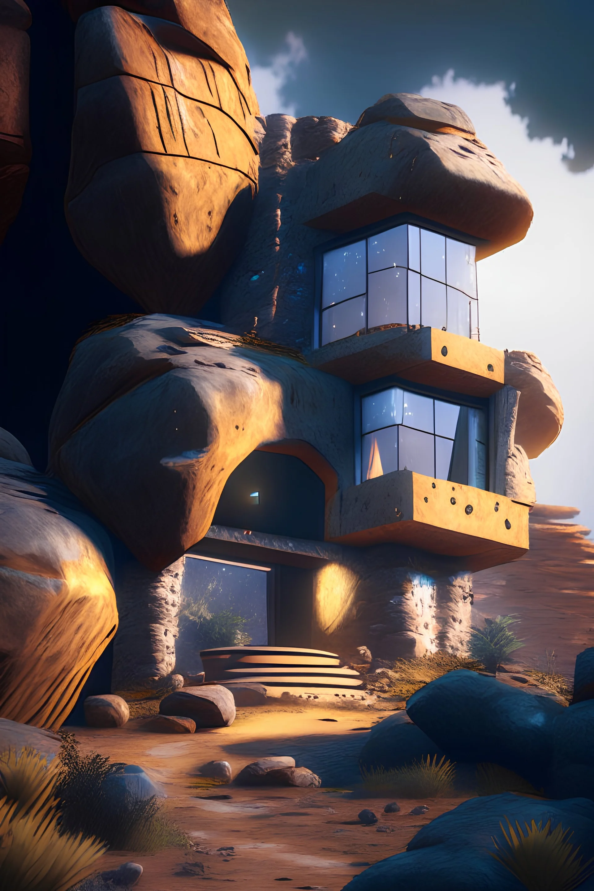 a home built in a huge rock in ethiopia, windows, doors, porches, awnings, middle of SPACE, cyberpunk lights, Hyper Detail, 8K, HD, Octane Rendering, Unreal Engine, V-Ray, full hd -- s5000 --uplight --q 3 --stop 80--w --ar 1:3 artistic color, suprematism, redshift render, 8K, HD, Dramatic Lighting by Brom, trending on artstation, fantastic lighting, hyper