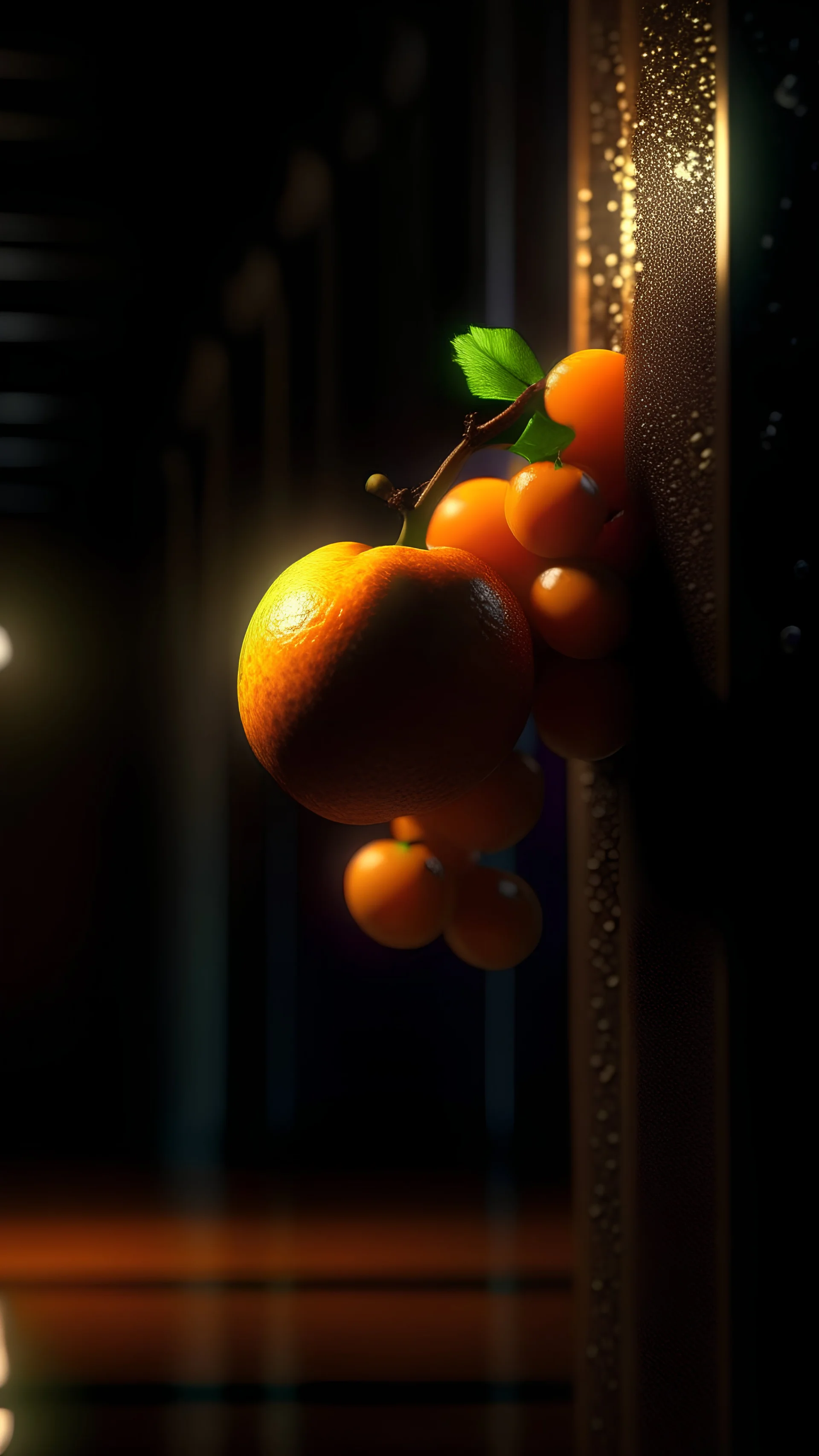 an aggressive orange attacks a grape cluster in a school corridor, cinematic lighting, ultra detailed